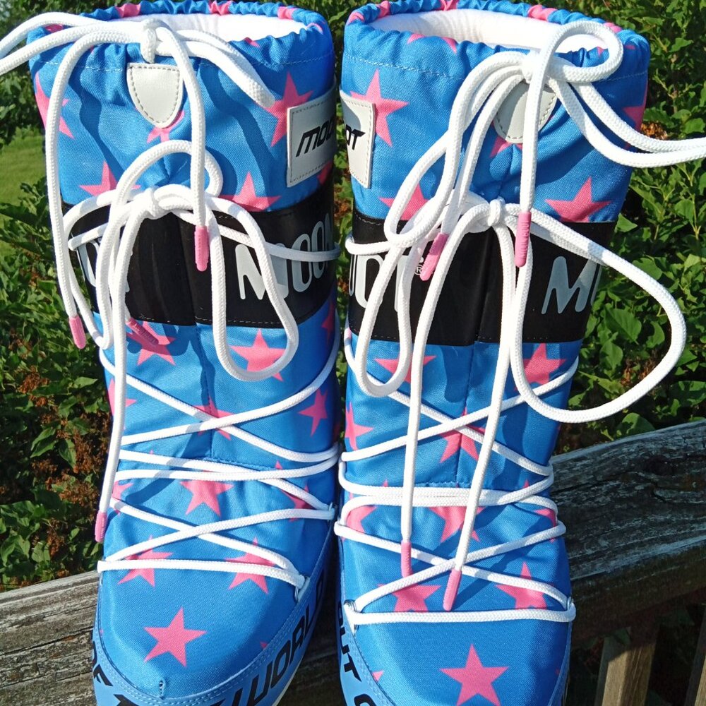 Moon Boot Retro Biker Pink Stars on Blue 35/38,US Ladies 4  5, 6, 7